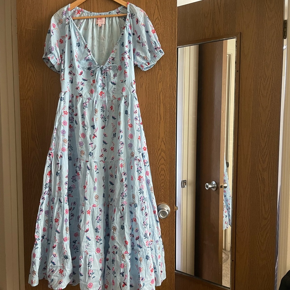 Banjanan Blue V-Neck Puff Sleeve Maxi Dress